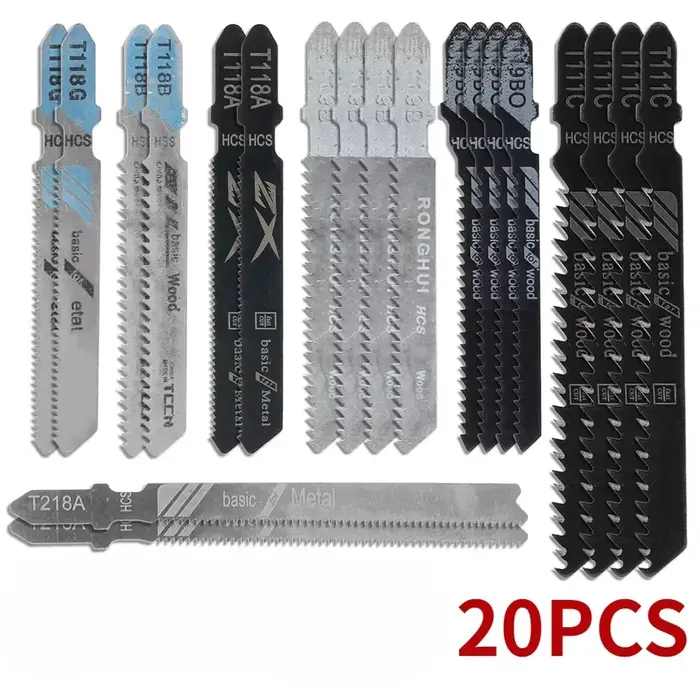 Lames de scie sauteuse HCS à tige en T, assorties, pour bois, plastique et aluminium, à dents fines 