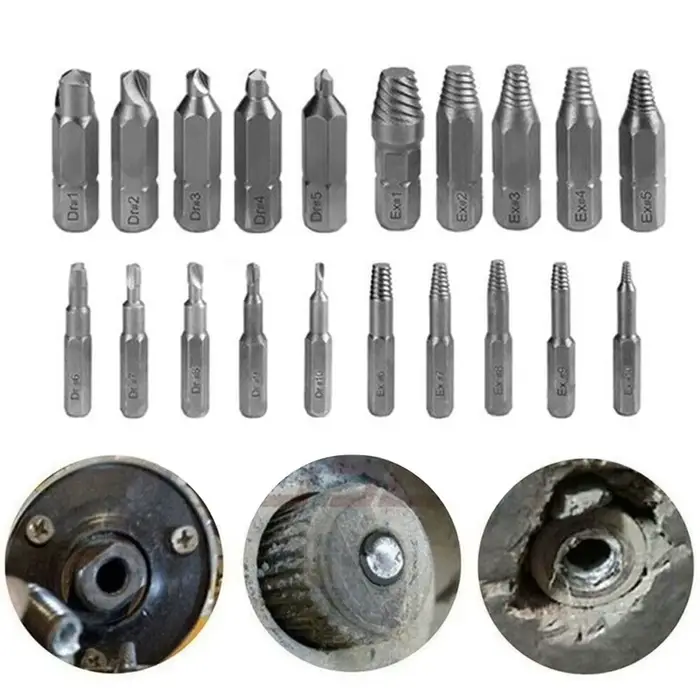 Extracteur de vis endommagé 4/6.35mm, jeu de forets, Kit d'extraction de vis dénudé pour vis hexagon