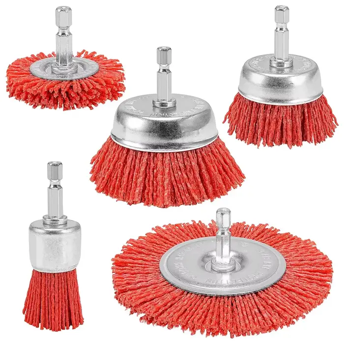 Brosse en nylon abrasive à fil métallique avec tige de 1/4 po pour perceuse, outil rotatif, polissag