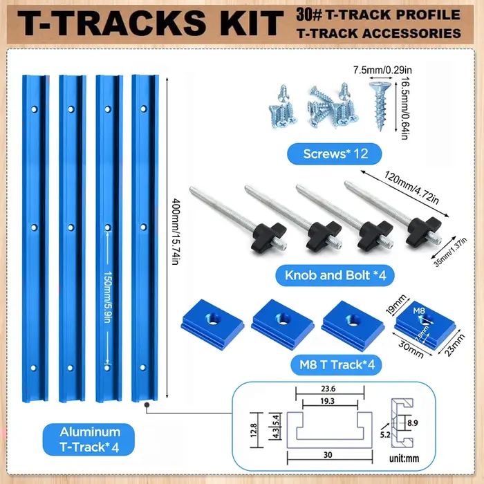 Travail du bois 30 # Kit de piste en T avec accessoires