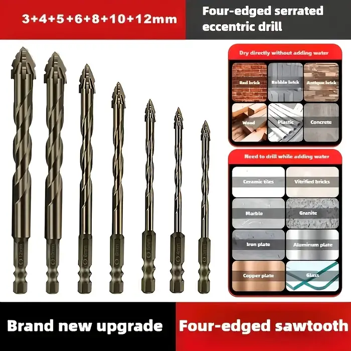 Lot de 7 forets à quatre lames en carbure dentelé pour perçage à sec de carreaux de porcelaine