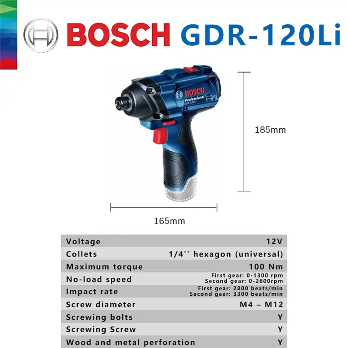 Bosch Original GDR 120-LI clé à chocs sans fil Rechargeable 100Nm pilote tournevis électrique perceuse à percussion