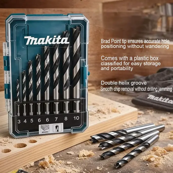 MAKITA D-77257 – Ensemble de 8 forets à queue droite pour bois, 3-10 mm, tige droite, précision, durabilité, élimination des copeaux, accessoire pour outils électriques
