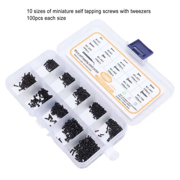 Assortiment de petites vis autotaraudeuses M1 M1.2 M1.4 M1.7 noires à tête cylindrique avec pincettes