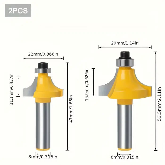 Jeu de mèches de routeur à tige de 8mm, 2 pièces, coupe de bord de rayon R/RC et coupe d'arrondi d'a
