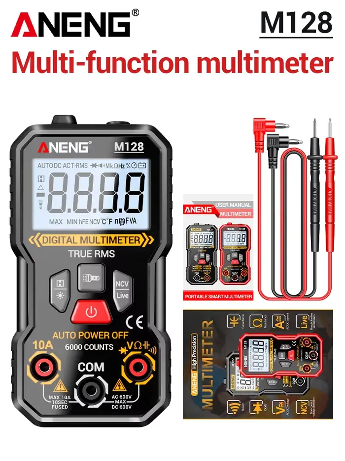 Multimètre multifonction mini ANENG M128 6000 points de lecture, testeur de tension AC/DC, courant, 