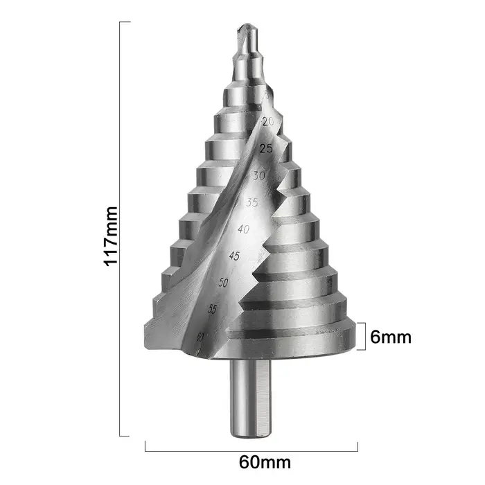 Foret étagé 6-60mm, rainure en spirale, coupe-trou de pagode, feuille de métal, foret conique, tige triangulaire, ouvre-trou étagé