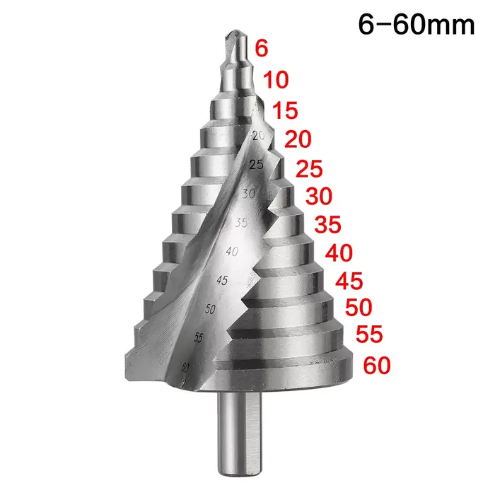 Foret étagé 6-60mm, rainure en spirale, coupe-trou de pagode, feuille de métal, foret conique, tige triangulaire, ouvre-trou étagé