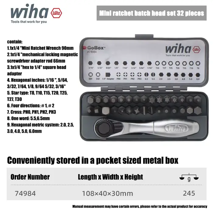 Wiha 32 pièces GoBox, jeu de clés à cliquet multifonctionnelles miniatures, outils de réparation pro