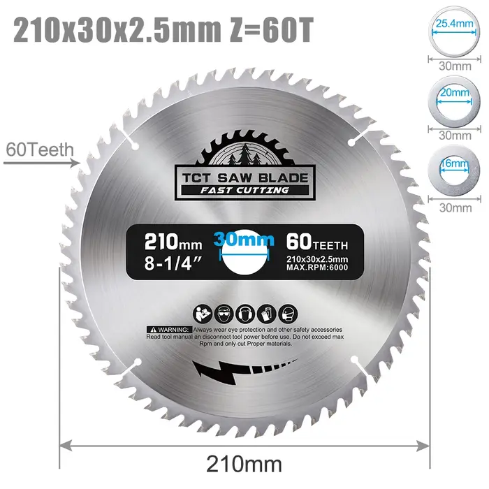 XCAN Circulaire Lame de Scie Diamètre 210mm Dents 24T 48T 60T 80T Bois Disque De Coupe Carbure Pointe TCT