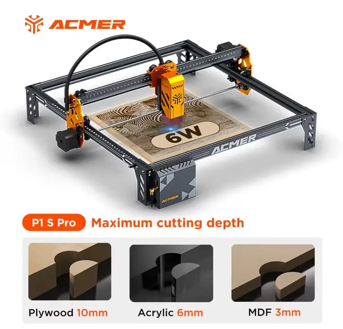 Graveur laser ACMER P1 S PRO 6W 10W 20W, machine de gravure et de découpe laser DIY pour bois, métal