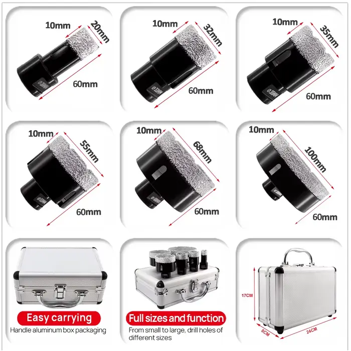 DIATOOL 6 pièces Dia 20-100mm diamant propositions Core Bit Case Set pour carreaux de porcelaine granit marbre trou