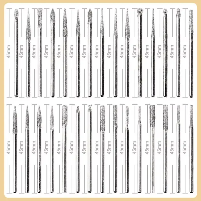 Jeu de 30 fraises diamantées avec étui – tige 2.35/3mm pour outils Dremel et rotatifs