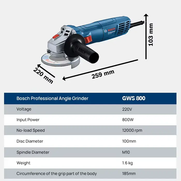 Meuleuse d'angle BOSCH GWS 800 | 800W 12000RPM | Disque de 100 mm | Pour la découpe et le meulage du métal/du pierre