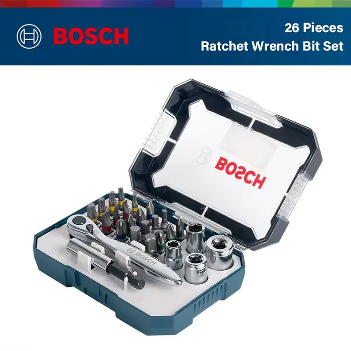 ‌ Bosch Jeu d'embouts de tournevis 26 pièces avec tournevis électrique et mini clé à cliquet