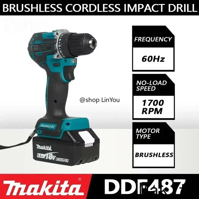 Perceuse à percussion Makita DDF487 10 mm sans balais 18 V lithium-ion rechargeable