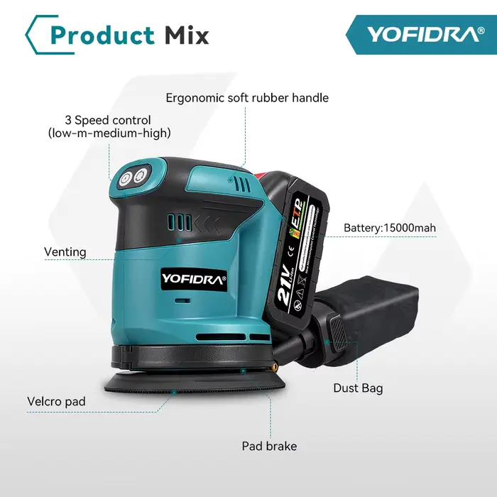YOFIDRA 125MM ponceuse orbitale électrique sans fil 3 vitesses réglable Rechargeable polisseuse meuleuse Machine pour Makita 18V batterie