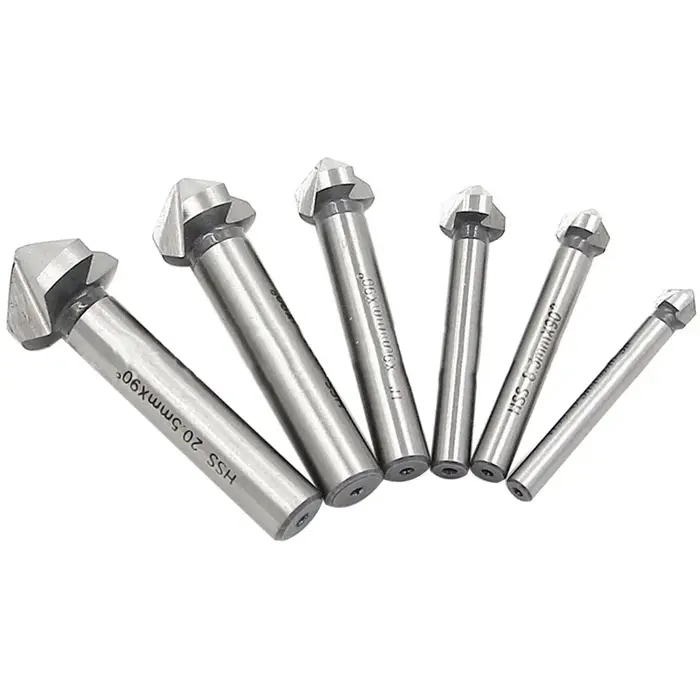 6 pièces/ensemble boîte 6.3-20.5mm chanfreinage fraise 3 cannelures tige ronde 90 degrés HSS fraise ébavurage foret conique