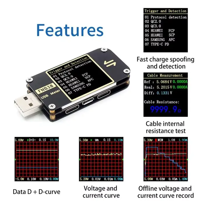 FNIRSI FNB38 compteur de courant et de tension testeur USB QC4 + PD3.0 2.0 PPS Test de capacité du protocole de charge rapide