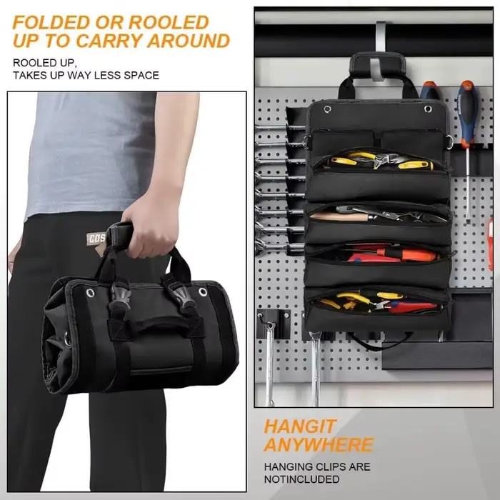 Sac à outils pliable et enroulable avec 2 pochettes zippées détachables