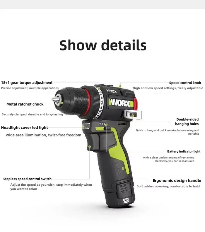 Perceuse électrique sans fil WORX 12V 50Nm 1800 tr/min Embrayage intelligent Arrêt automatique Moteur sans balais