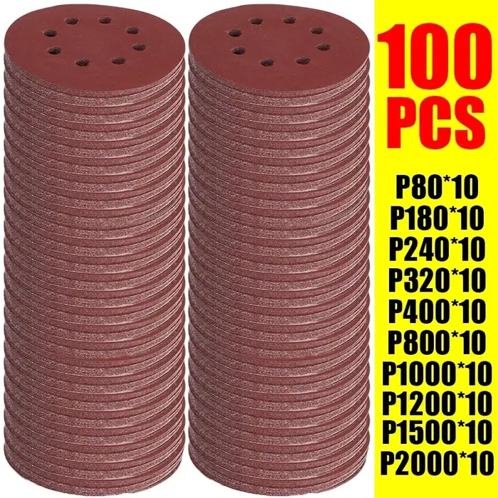 100 pièces disques abrasifs 8 trous crochet et boucle papier de verre adhésif 125mm 80 ~ 3000 grains pour ponceuse orbitale aléatoire feuilles abrasives outils