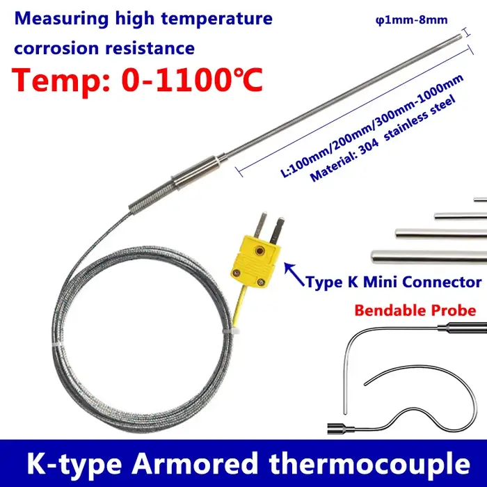 Fil de capteur pliable de Type K, Thermocouple blindé, 1mm//2mm/3mm-8mm de diamètre 100/200/300mm WR