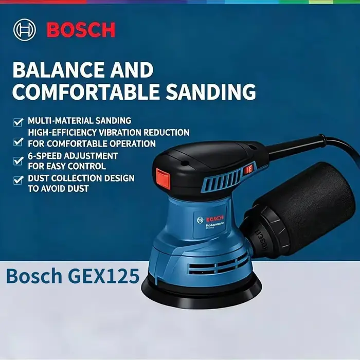 Ponceuse orbitale aléatoire Bosch GEX125 avec système de collecte des poussières intégré pour la rénovation de meubles en bois et le lissage des surfaces de placards