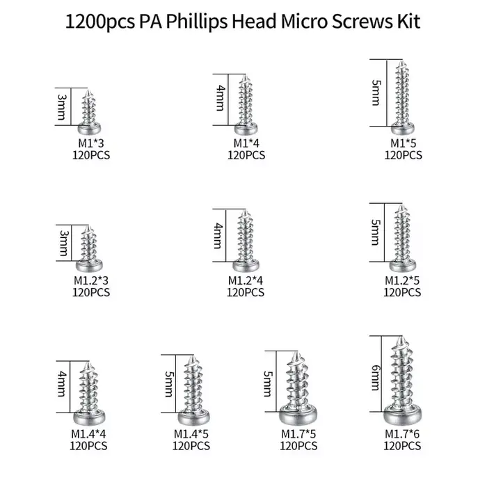 1200 pièces Mini kit de vis électroniques autotaraudeuses bricolage lunettes de soleil montre réparation vis avec pince à épiler M1/M1.2/M1.4/M1.7
