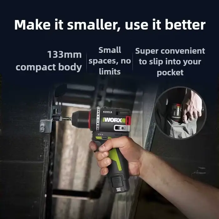 Perceuse électrique sans fil WORX 12V 50Nm 1800 tr/min Embrayage intelligent Arrêt automatique Moteur sans balais