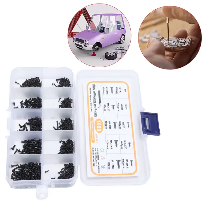 Assortiment de petites vis autotaraudeuses M1 M1.2 M1.4 M1.7 noires à tête cylindrique avec pincette