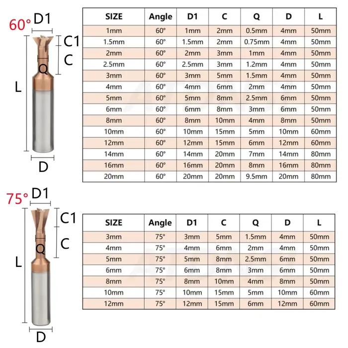 30 45 60 75 degrés fraise à queue d'aronde 1mm/1.5mm-20mm CNC t-slot outil de fraisage précision T type
