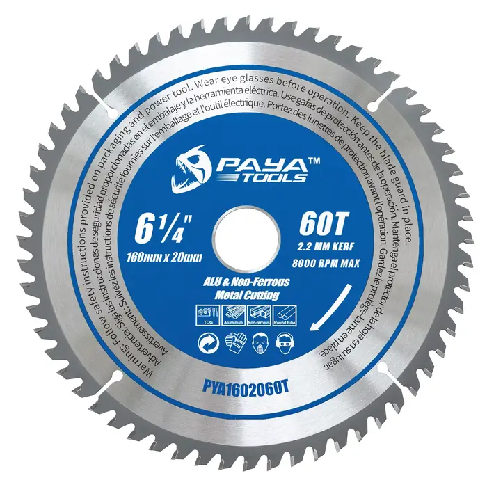 Lame de scie circulaire PAYA 6-1/4" 60T TCG pour la coupe de l'aluminium, des métaux non ferreux et 