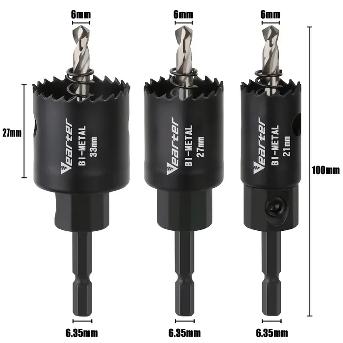 Vearter 3 pièces M42 scie cloche bimétallique HSS 21/27/33mm avec tige hexagonale de 6.35mm pour alliage d'aluminium acier inoxydable fer bois plastique