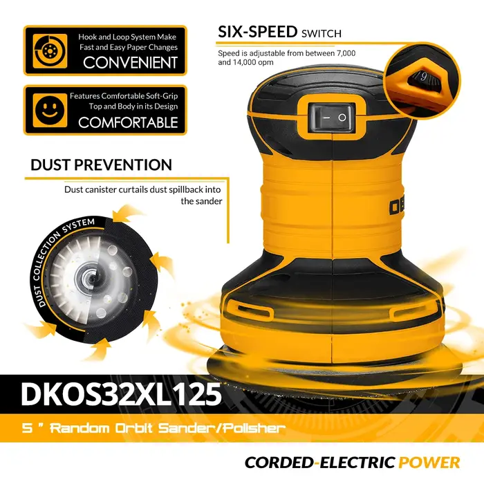 DEKO-Ponceuse orbitale aléatoire DKOS32XL125, 320W, vitesse 14000pm, maison, bricolage, charpentier,