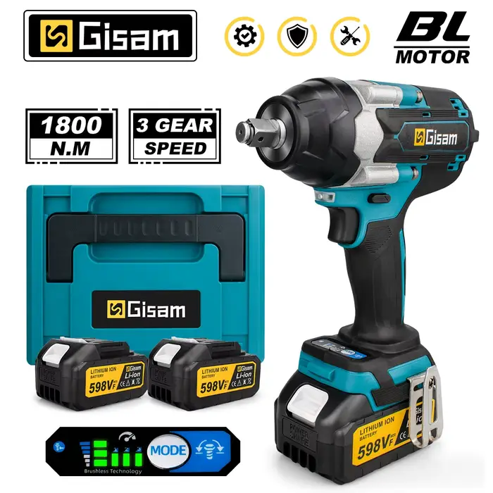 Gismis 1800N.M clé à chocs électrique sans brosse couple 1/2 pouces tournevis clé sans fil outil