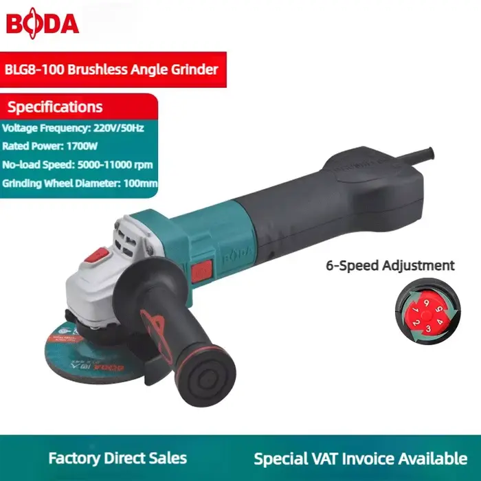  Moteur de meuleuse d'angle sans balais BODA 1700W avec système de refroidissement, coupe à 6 vitesses, meulage, ponçage, polissage pour métal, bois, mur 