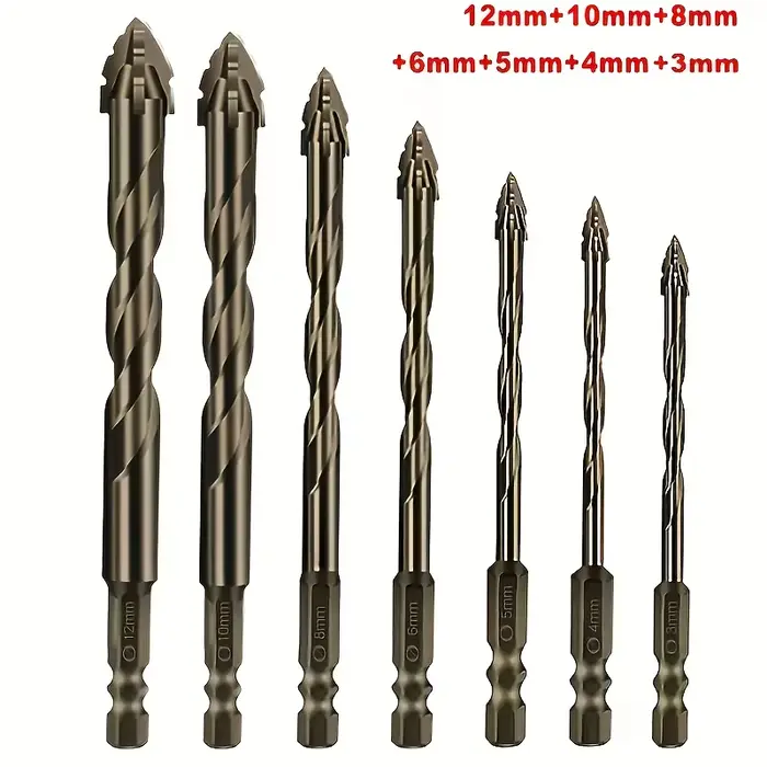 Lot de 7 forets à quatre lames en carbure dentelé pour perçage à sec de carreaux de porcelaine