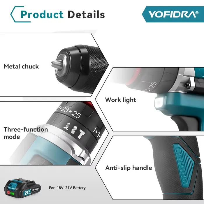 YOFIDRA – perceuse à percussion électrique sans fil 3 en 1