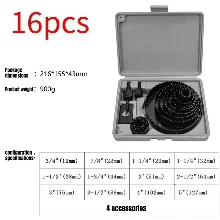 JUSTINLAU 16 pièces de 19-127mm scie cloche pour le travail du bois boîte en plastique ensemble outil de forage de