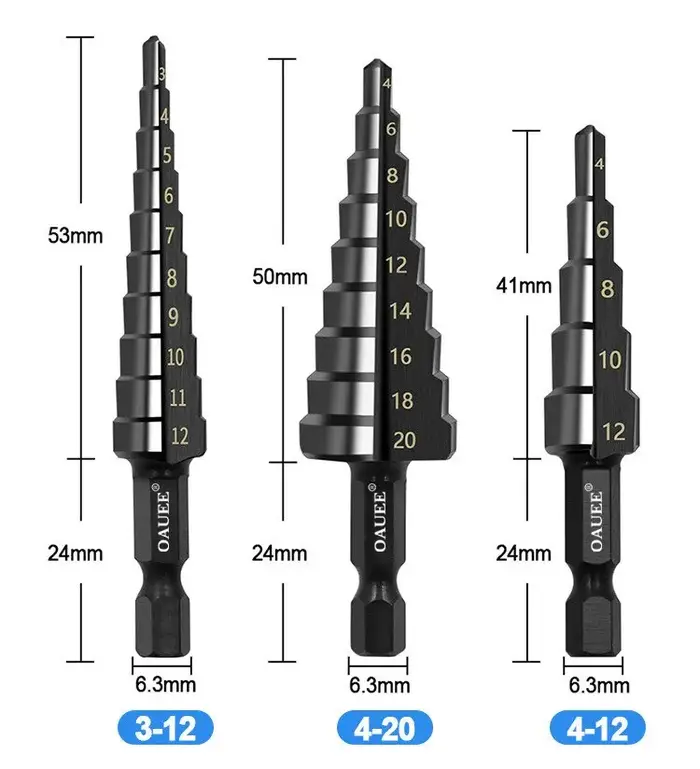 3Pcs HSS Droite Groove Étape Foret 3-12mm 4-12mm 4-20mm Nitrure Noir Hex Bois Métal Trou Cutter Core Outils De Forage Ensemble