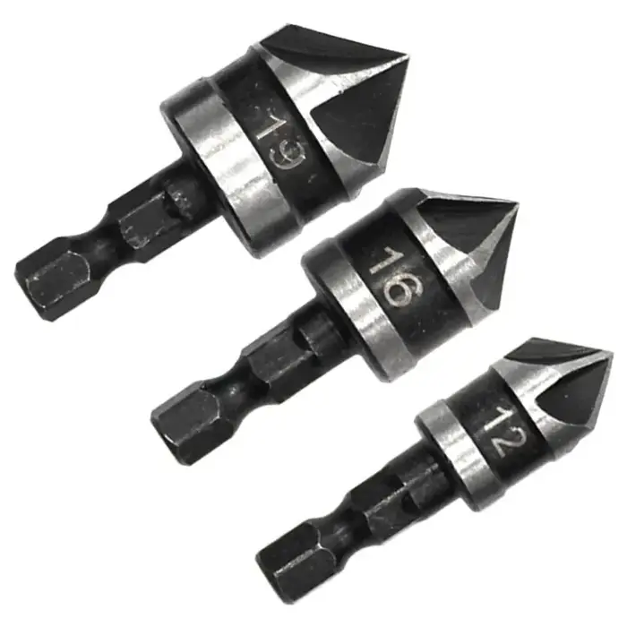 3PC Hexagonale Tige 90 Degrés Noir Cinq Lame Chanféreur 12/16/19mm Fraise Forage Bois Trou Ouvre Outil Ensemble