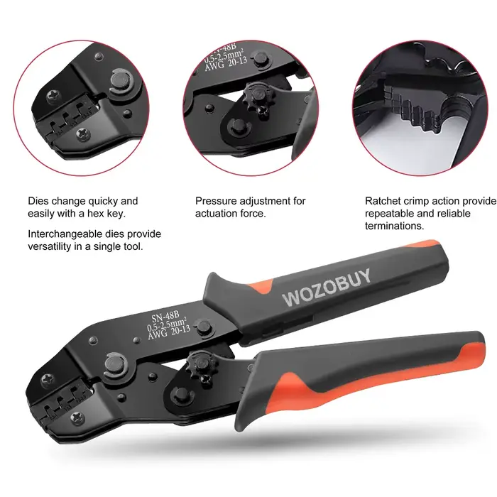 WOZO-Outils de sertissage de broche SN-48B 2.8mm, 4.8mm, 6.3mm, 0.5mm, pince à sertir 22-13AWG 2.5-m