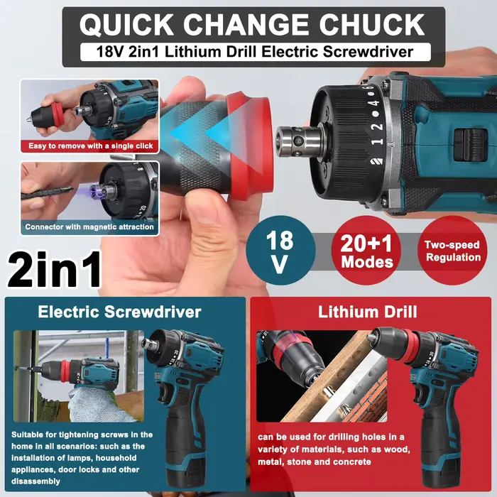 Perceuse électrique 18V 2 en 1