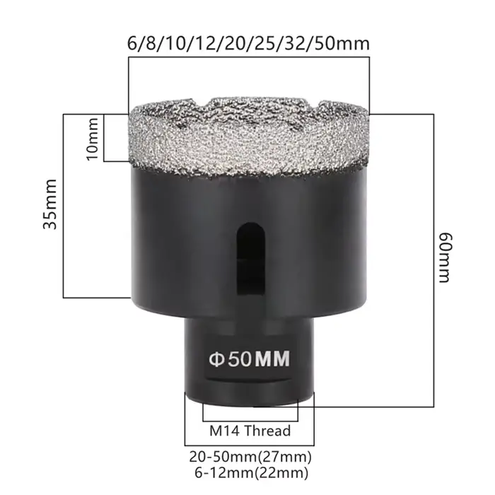 A69EM14 filetage sec brasé sous vide marbre maçonnerie trou scie ouvreur diamant forage noyau peu pour carrelage