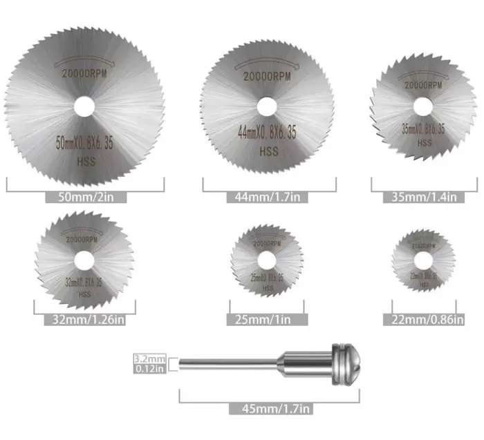 7 lames de scie rotatives, disques de coupe en acier avec mandrin de 1/8 po pour outils rotatifs Dre