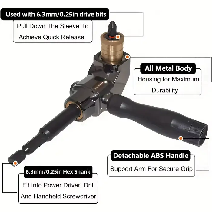 Adaptateur de perceuse à Angle droit de 90 degrés avec tige hexagonale de 1/4 "