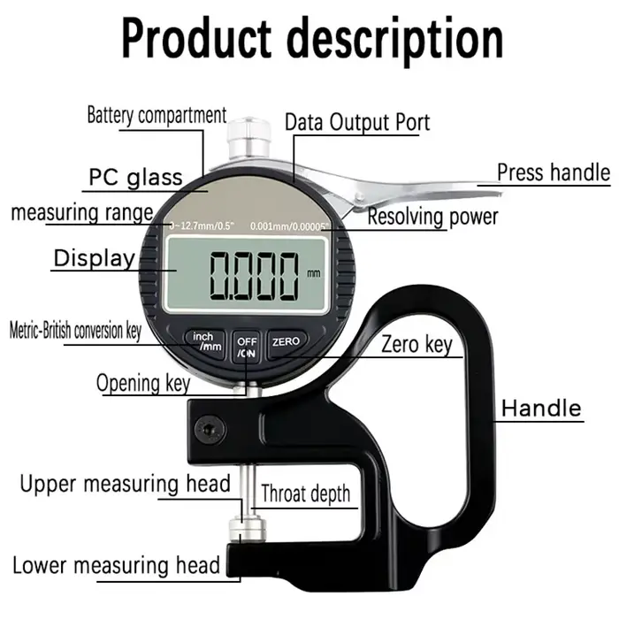 Jauge d'épaisseur électronique 0.01/0.001mm, micromètre numérique 12.7mm, testeur d'épaisseur, sorti