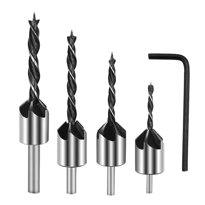 4 pièces foret de menuiserie + 1 pièce Wrech 3mm-6mm HSS flûte fraise forets ensemble chanfrein alésoir pour le travail