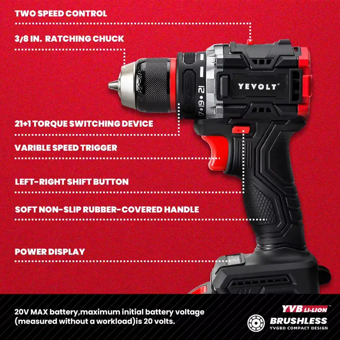 YEVOLT perceuse électrique 20V sans brosse Li-ion Compact sans fil 21 + 1 pilote tournevis à main outils électriques série YVGBD20DU2
